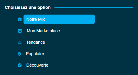 A screen of the app asking which algorithm to browse with: our mix, my marketplace, trending, popular, discovery.