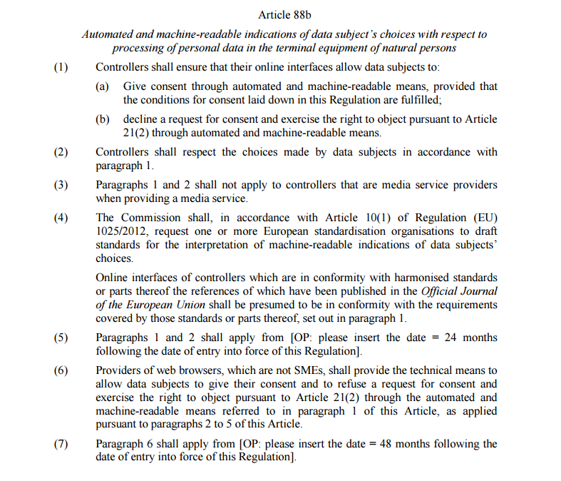 Seven paragraphs of draft article 88b: controllers must let data subjects give consent and object through automated, machine-readable means, must respect the choices so made, and web browsers that are not SMEs must provide the technical means to send them. Two paragraphs carry an unfilled drafting note about the date they would apply from.