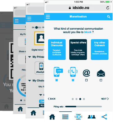Four screens of the 2021 beta app, stacked: privacy settings, choices, and a monetisation panel asking which commercial communications to block.