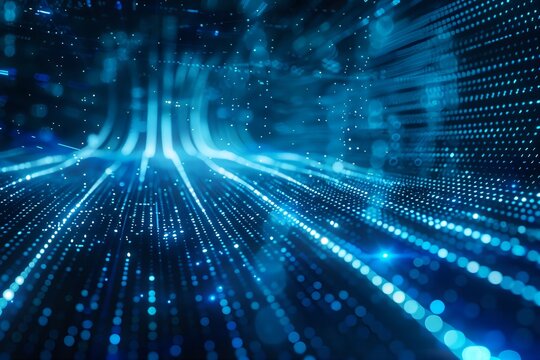 Streams of blue light and data points running towards the horizon.